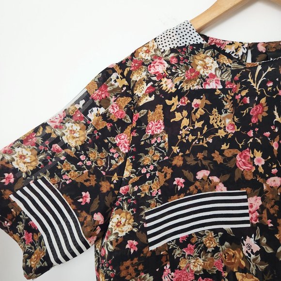Vintage 90s Notations Black Floral Blouse Semi Sheer Stripes Short Sleeve Medium - Picture 3 of 16